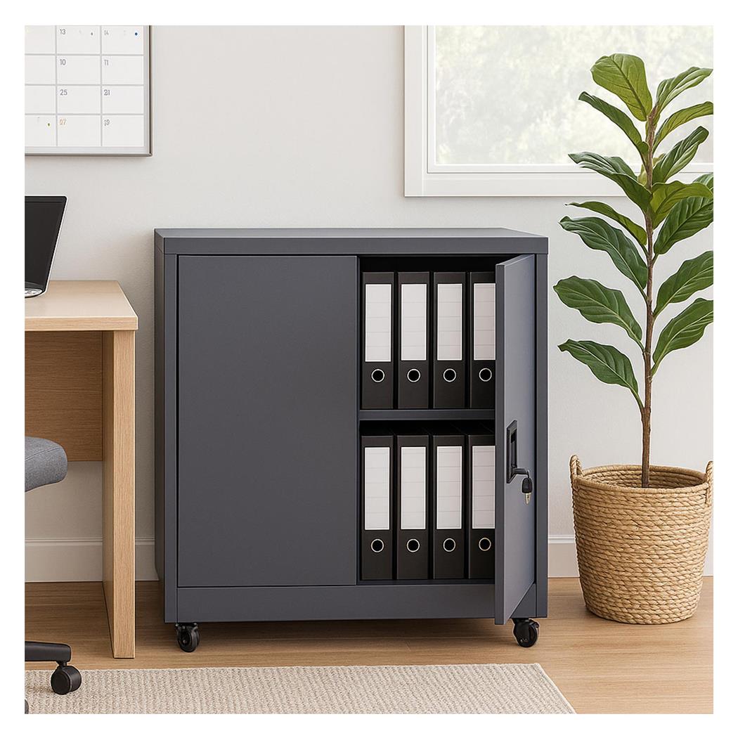 Aktenschrank BRENTON, Stahlschrank Maße 98x80x40cm, abschließbar und mit bremsbaren Rollen, Farbe Dunkelgrau