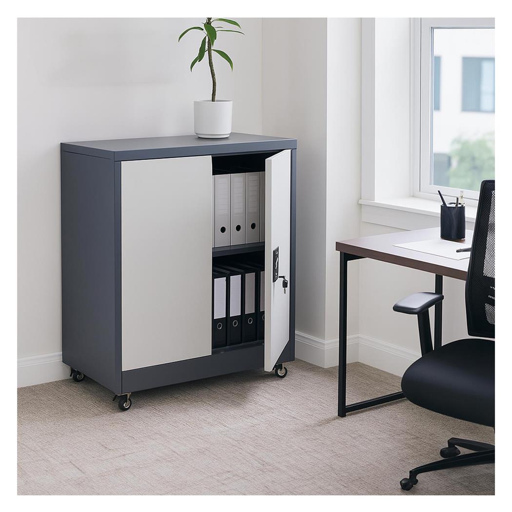 Aktenschrank BRENTON, Stahlschrank Maße 98x80x40cm, abschließbar und mit bremsbaren Rollen, Farbe Zweifarbig