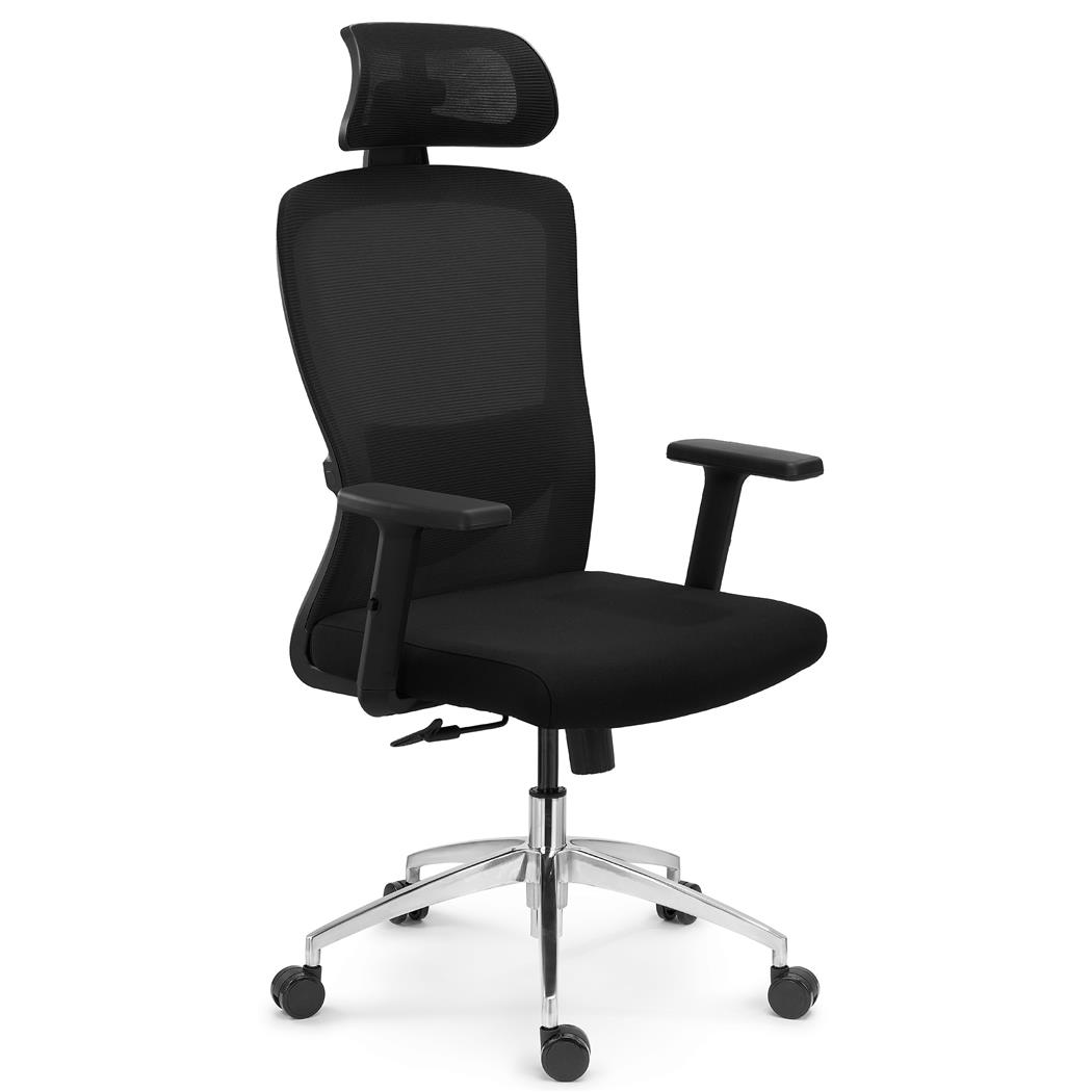 Ergonomischer Bürostuhl NOTE MAX, 8h Nutzung, verstellbare Lordosenstütze, Kopfstütze, Metallfußkreuz, Schwarz