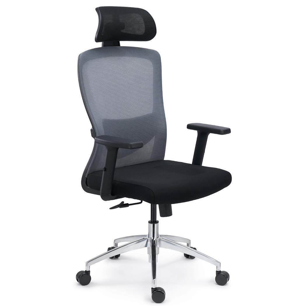 Ergonomischer Bürostuhl NOTE MAX, 8h Nutzung, verstellbare Lordosenstütze, Kopfstütze, Metallfußkreuz, Grau