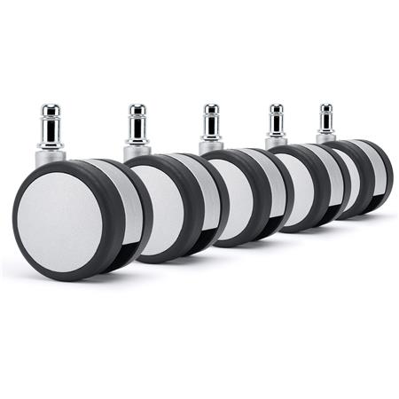 5er Set Teppichbodenrollen H6, Kunststoff, 11mm Stift, Kontrast-Design, Silber mit Schwarz