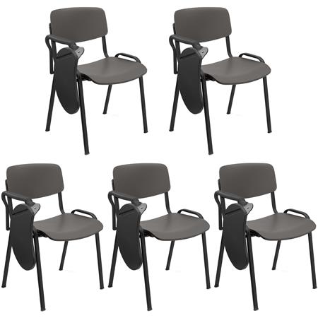 5er Set Konferenzstuhl MILKY mit Schreibbrett, schönes schlichtes Design, stapelbar, schwarze Stuhlbeine, Kunststoff, Farbe Grau