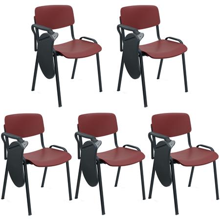 5er Set Konferenzstuhl MILKY mit Schreibbrett, schönes schlichtes Design, stapelbar, schwarze Stuhlbeine, Kunststoff, Farbe Burgund