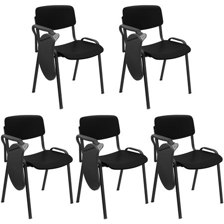 5er Set Konferenzstuhl MILKY mit Schreibbrett, schönes schlichtes Design, stapelbar, schwarze Stuhlbeine, Kunststoff, Farbe Schwarz