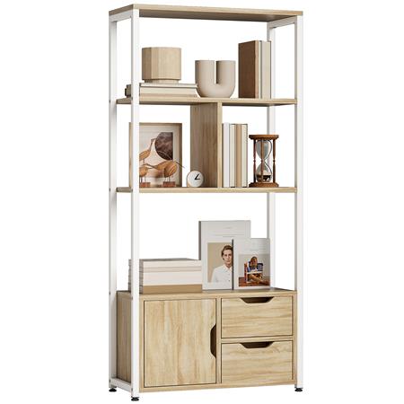 Büroregal TERA, 3 offene Fächer, Schrankfach und 2 Schubladen, 58 x 24 x 122 cm, Farbe Weiß/ Natur