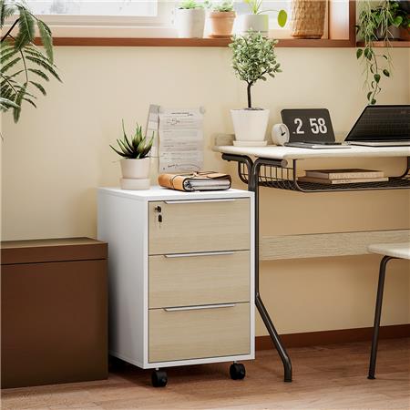 Büroschrank HAVANNA, Schreibtischcontainer, mit 3 Schubladen, 40x40x63,5 cm, Farbe Eiche/weiß