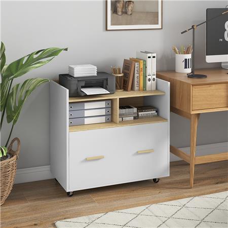 Büroschrank MISSI, Kommode mit Rollen und Schublade, 76x40x75,5 cm, Farbe Weiß/ Eiche
