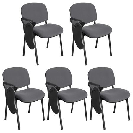 Im 5er-Set: Konferenzstuhl MOBY BASE STOFF mit klappbarem Schreibbrett, stapelbar und praktisch, schwarzes Gestell, Farbe Grau