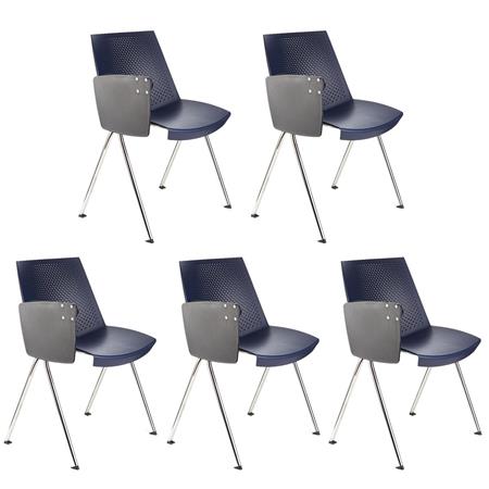 Im 5er-Set: Besucherstuhl ENZO MIT SCHREIBBRETT, bequem, praktisch und stapelbar, Farbe Blau