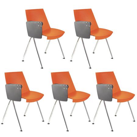 Im 5er-Set: Besucherstuhl ENZO MIT SCHREIBBRETT, bequem, praktisch und stapelbar, Farbe Orange