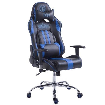 Gamingstuhl LOGAN LEDER, neigbare Rückenlehne, Nacken- & Lordosekissen, Farbe Schwarz/Blau