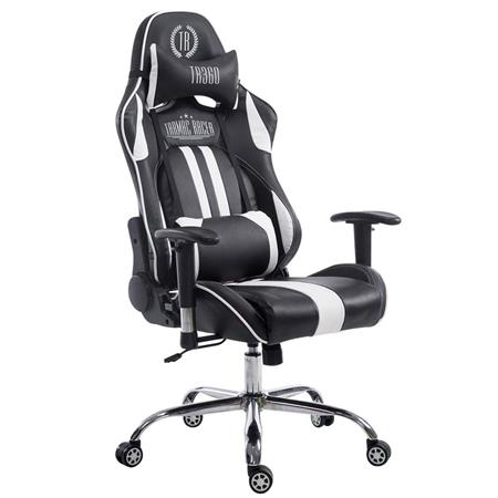 Gamingstuhl LOGAN LEDER, neigbare Rückenlehne, Nacken- & Lordosekissen, Farbe Schwarz/Weiß