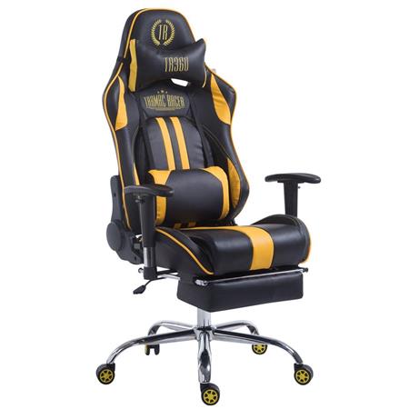 Gamingstuhl LOGAN LEDER mit Fußablage, neigbare Rückenlehne, Nacken- & Lordosekissen, Farbe Schwarz/Gelb