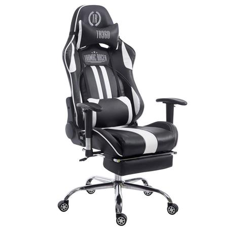 Gamingstuhl LOGAN LEDER mit Fußablage, neigbare Rückenlehne, Nacken- & Lordosekissen, Farbe Schwarz/Weiß