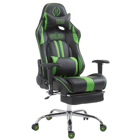 Gamingstuhl LOGAN LEDER mit Fußablage, neigbare Rückenlehne, Nacken- & Lordosekissen, Farbe Schwarz/Grün