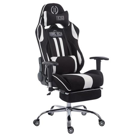 Gamingstuhl LOGAN STOFF mit Fußablage, neigbare Rückenlehne, Nacken- & Lordosekissen, Farbe Schwarz/Weiß