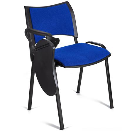 Besucherstuhl ROMEL MIT SCHREIBBRETT, bequeme Polsterung, stapelbar, schwarze Stuhlbeine, Farbe Blau