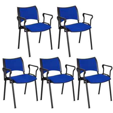 Im 5er-Set: Besucherstuhl ROMEL MIT ARMLEHNEN, bequeme Polsterung, stapelbar, schwarze Stuhlbeine, Farbe Blau