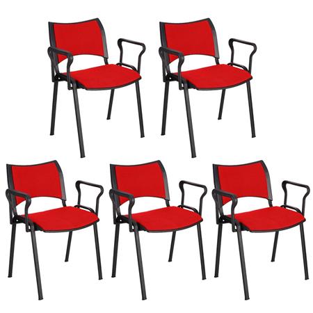 Im 5er-Set: Besucherstuhl ROMEL MIT ARMLEHNEN, bequeme Polsterung, stapelbar, schwarze Stuhlbeine, Farbe Rot