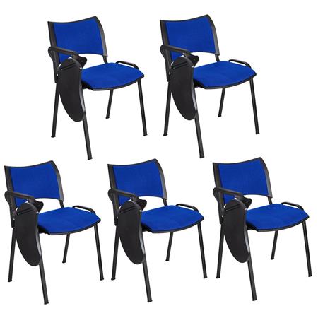 Im 5er-Set: Besucherstuhl ROMEL MIT SCHREIBBRETT, bequeme Polsterung, stapelbar, schwarze Stuhlbeine, Farbe Blau
