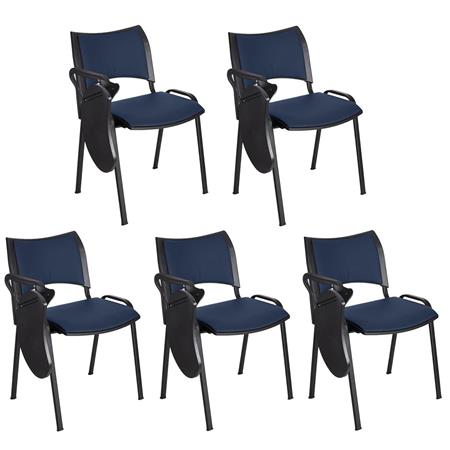 Im 5er-Set: Besucherstuhl ROMEL LEDER MIT SCHREIBBRETT, bequeme Polsterung, stapelbar, schwarze Stuhlbeine, Farbe Dunkelblau