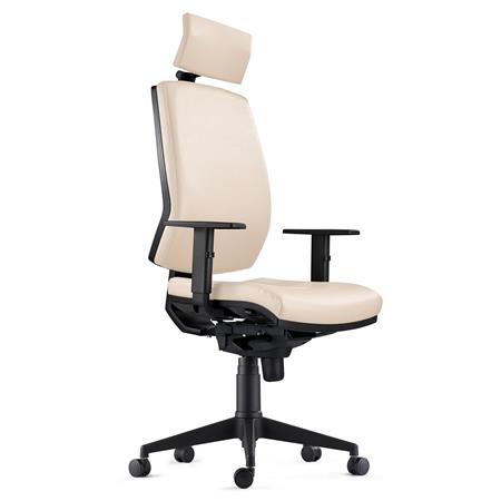 Ergonomischer Bürostuhl OLIVER LEDER mit Kopfstütze, 8h-Nutzung, dicke Polsterung, Farbe Beige