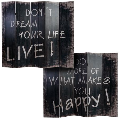Bürowandschirm VINTAGE WORDS, 5-Panel-Faltwand, 180x200x2,5cm, mit Holzrahmen