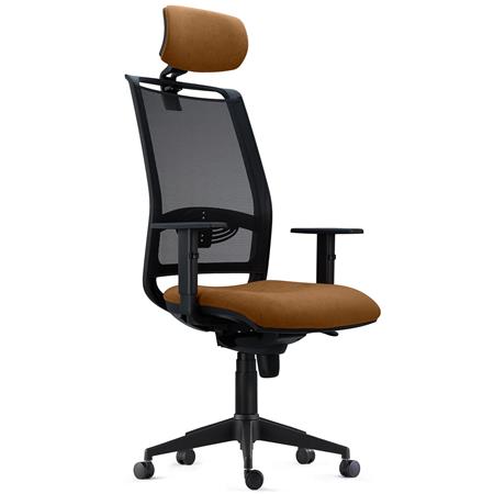 Ergonomischer Bürostuhl NEPTUNO, Kopf- und Lordosenstütze, für die 8h-Nutzung, Netz und Stoffbezug, Farbe Braun