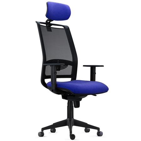 Ergonomischer Bürostuhl NEPTUNO, Kopf- und Lordosenstütze, für die 8h-Nutzung, Netz und Stoffbezug, Farbe Dunkelblau