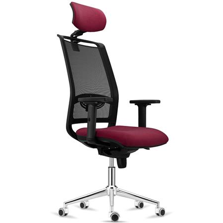 Ergonomischer Bürostuhl NEPTUNO, Kopf- & Lordosenstütze, für die 8h-Nutzung, Metallfußkreuz, Netz & Stoffbezug, Farbe Burgund