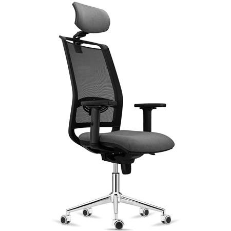 Ergonomischer Bürostuhl NEPTUNO, Kopf- & Lordosenstütze, für die 8h-Nutzung, Metallfußkreuz, Netz & Stoffbezug, Farbe Grau