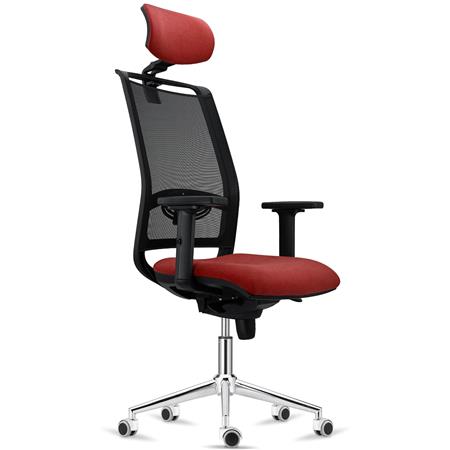 Ergonomischer Bürostuhl NEPTUNO, Kopf- & Lordosenstütze, für die 8h-Nutzung, Metallfußkreuz, Netz & Stoffbezug, Farbe Rot