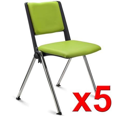 Im 5er-Set: Konferenzstuhl CARINA, stapel- und reihenverbindbar, verchromtes Stahlgestell, Kunstleder, Farbe Grün