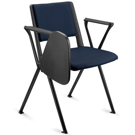 Konferenzstuhl CARINA MIT SCHREIBBRETT, stapel- und reihenverbindbar, schwarzes Stahlgestell, Kunstleder, Farbe Blau