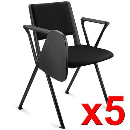 Im 5er-Set: Konferenzstuhl CARINA MIT SCHREIBBRETT, stapel- und reihenverbindbar, schwarzes Stahlgestell, Kunstleder, Farbe Schwarz