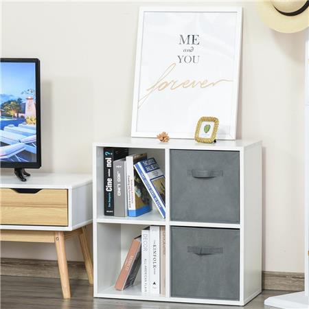 Bücherregal DAVOS, 4 kubische Fächer, 2 herausnehmbare Schubladen, 61,5x30x61,5 cm, Holz, Farbe Weiß/ Grau
