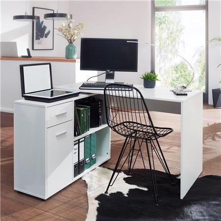 Büroschreibtisch METEORA, Abmessungen 120x106x75 cm, mit Regal und Schublade, Holz, Farbe Weiß