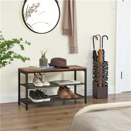 Schuhregal MAKAYLA, Sitzbank mit Stauraum, Maße 80x30x44 cm , industrieller Stil, Holz und Metall, Farbe Rustik