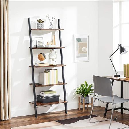 Bücherregal NANCY, Leiterregal, Abmessungen 64x34x186 cm, Industrieller Stil, Metall und Holz, Farbe Rustik