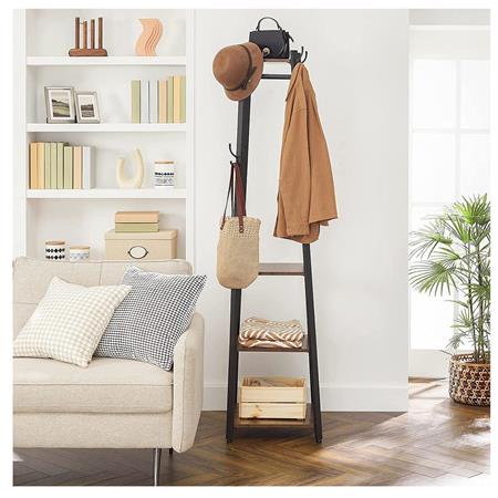 Garderobenständer LOLA, mit Haken und Regalen, 43 x 43 x 180 cm, Stahl und Holz, Farbe Schwarz und Dunkelbraun