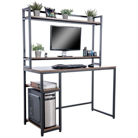 Bürotisch BILLUND, Abmessungen 120x150x50cm, mit praktischem Regal, industrielles Design, Metallstruktur mit Holz, Farbe Rustik