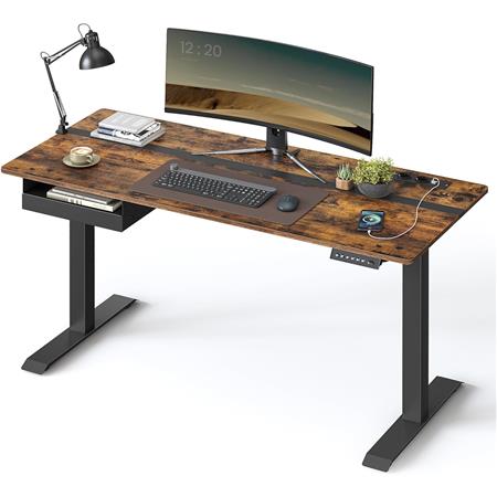 Höhenverstellbarer Schreibtisch EVEREST, 140x60 cm, Schublade, Metallgestell, Walnuss und Schwarz