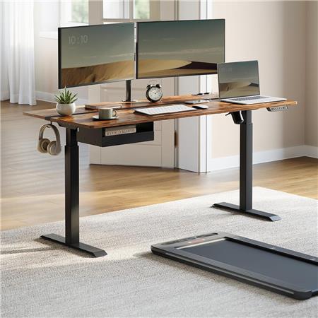 Höhenverstellbarer Schreibtisch EVEREST, 70 x 160 x (72-120) cm, Schublade, Metallgestell, Walnuss und Schwarz