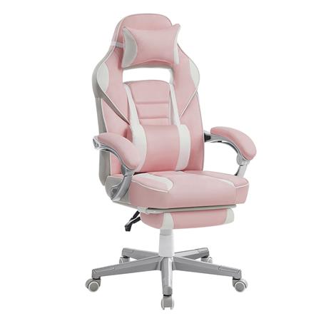 Gaming-Stuhl ROBIN, mit ausziehbarer Fußstütze, Nacken- und Lordosenkissen, Kunstleder, Farbe Weiß/ Rosa