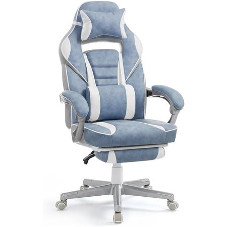 Gaming-Stuhl ROBIN, mit ausziehbarer Fußstütze, Nacken- und Lordosenkissen, Kunstleder, Farbe Weiß/ Blau