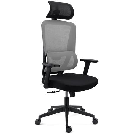 Ergonomischer Bürostuhl SUPRA mit Kopf- und Lordosenstütze, Netzstoff-Rückenlehne, Farbe Grau