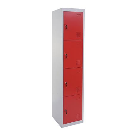 Schließfachschrank HILDUR, Metallspind 180x38x45 cm, 4 Türen mit Schloss, Farbe Rot