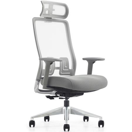 Ergonomischer Bürostuhl EVORA, komfortable, exklusives Design, Kopfstütze, Details aus Aluminium, Netzgewebe, Grau