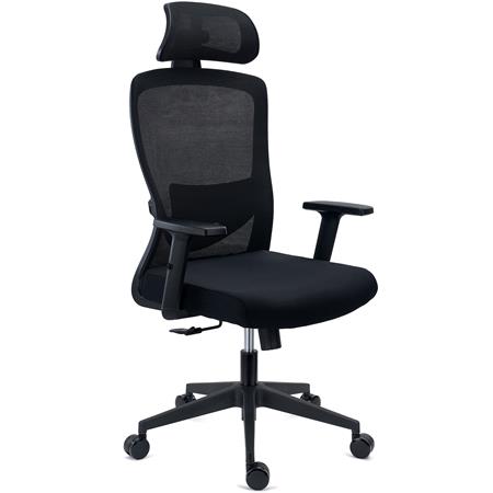 DEMO# Ergonomischer Bürostuhl NOTE PRO, 8h Nutzung, verstellbare Lordosenstütze, Kopfstütze,  Netzstoff und Stoff, Schwarz