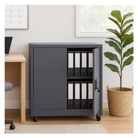 Aktenschrank BRENTON, Stahlschrank Maße 98x80x40cm, abschließbar und mit bremsbaren Rollen, Farbe Dunkelgrau